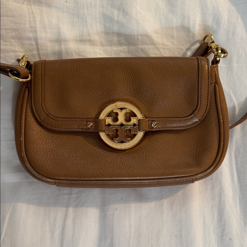 Tory Burch Cognac Brown Leather Crossbody with Gold Logo